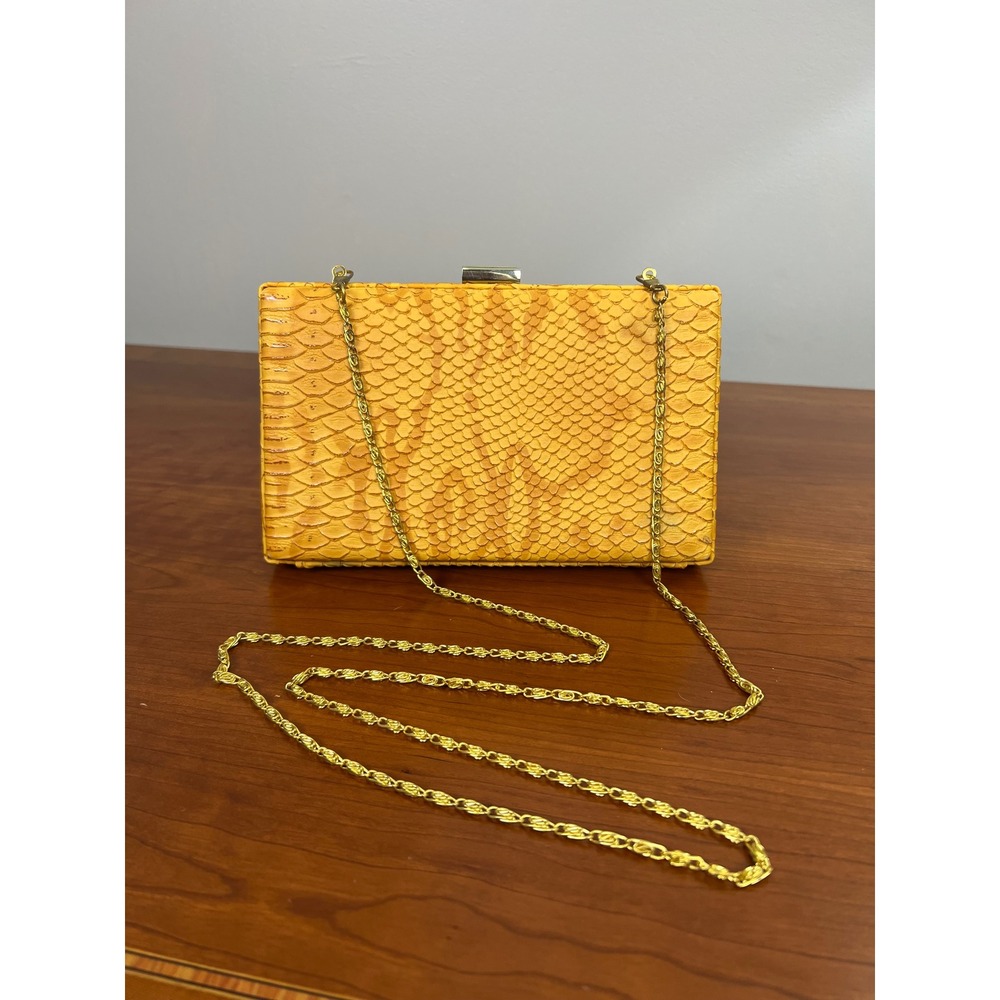 Yellow Faux Snakeskin Box Clutch Gold Chain Strap‎ Evening Bag Python Print